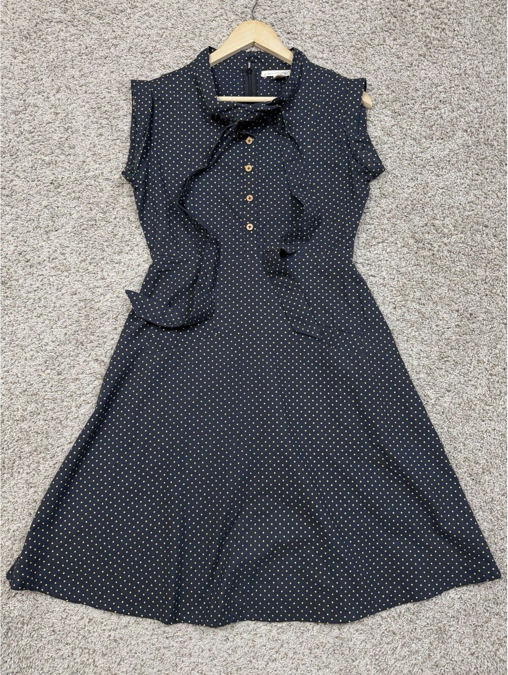 Mata Traders Navy Polka Dot Bow Tie Neck Dress Size 8 Retro Romantic Classic